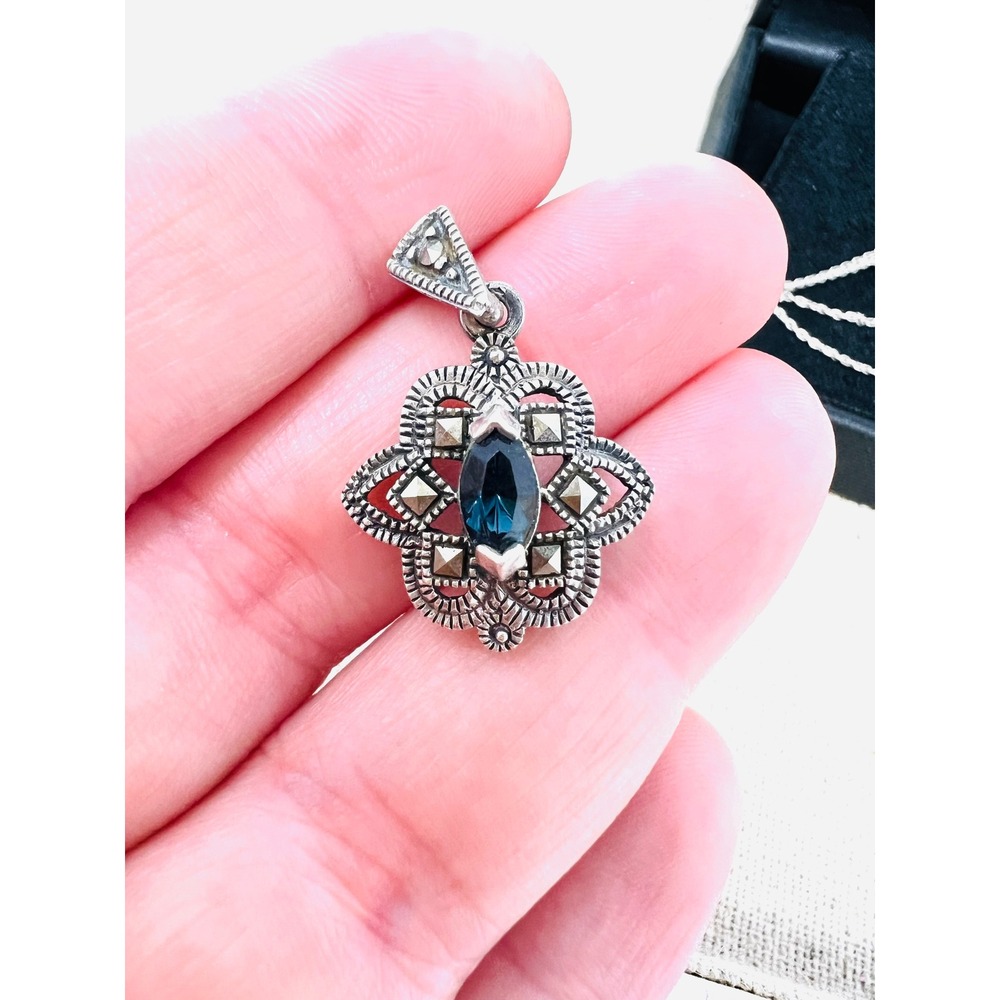 Art Deco Style Sterling Silver Marcasite Blue Stone Marquise Pendant Necklace